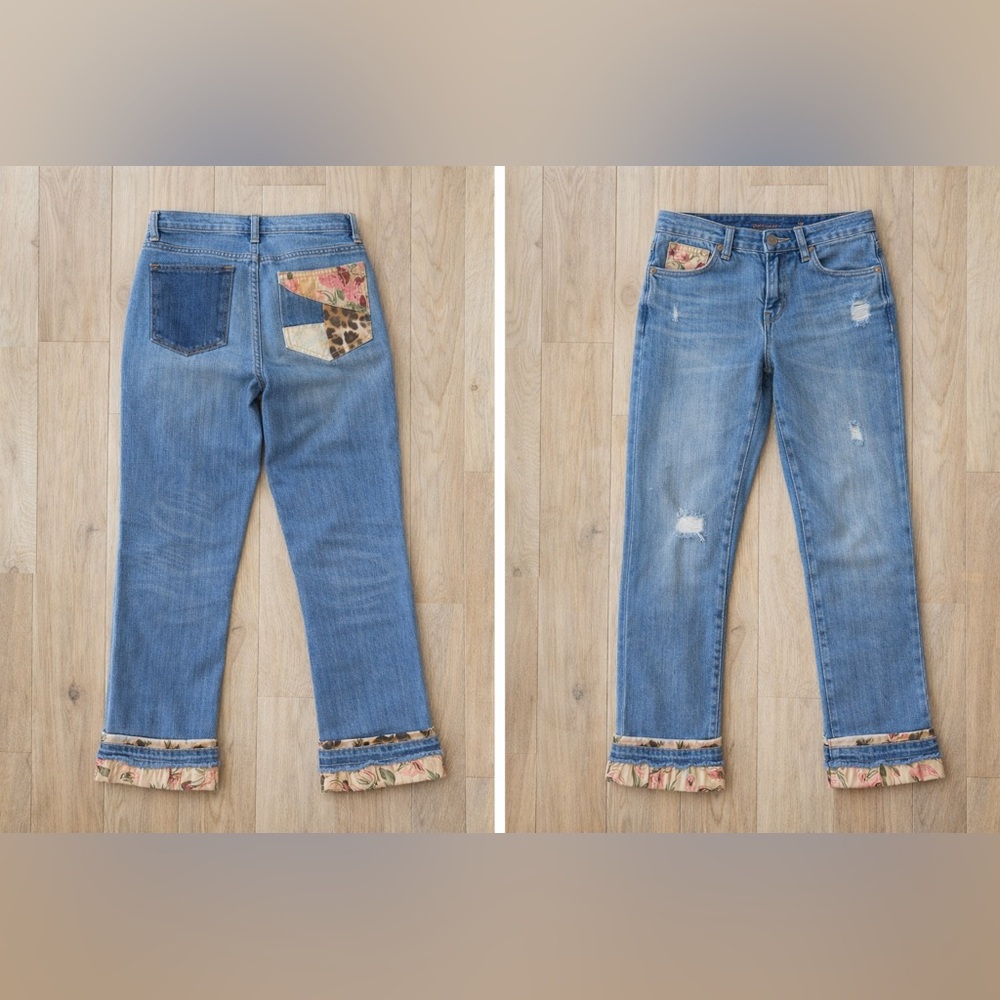 Boho Light Blue Cropped Women’s Jeans with Floral Cuff GUC - Picture 2 of 6